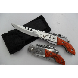 Petit Couteau De Secours Multifonctions Automatique Lame Acier 7,5 Cm Manche Bois 10 Cm Outdoor