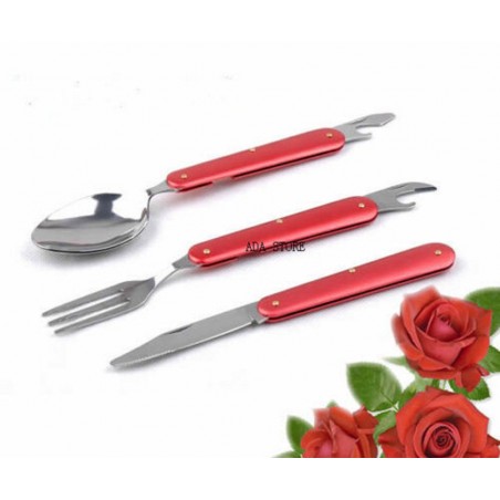 Set Couverts 3 Pièces Inox Multifonctions Camping Chasse Peche Rando Bivouac..
