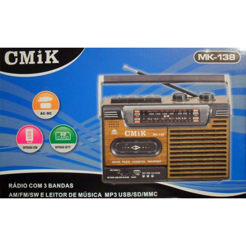 Magnétophone Radio K7 Vintage FM AM SW USB MP3 SD/MMC Secteur 110/230V Piles