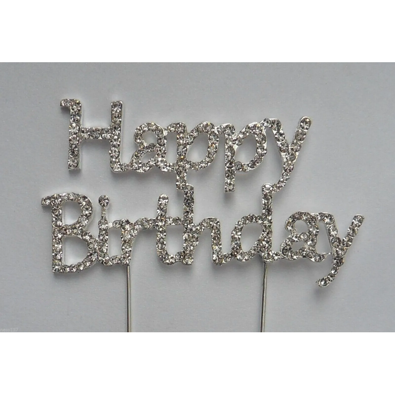 Happy Birthday Strass Cristal Double Pic Argenté Décoration Cake Design Wedding