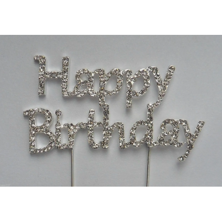 Happy Birthday Strass Cristal Double Pic Argenté Décoration Cake Design Wedding