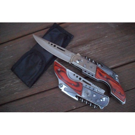 Couteau Multifonctions « Pistolet » Lame Acier 11 Cm Manche Bois 13,5 Cm Outdoor