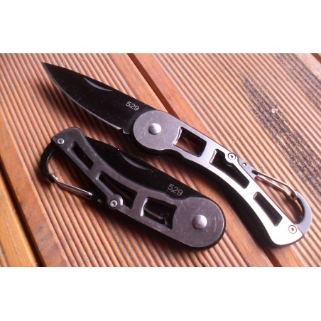 Couteau Canif Carabinier Mousqueton Lame Acier Noir 6,5 cm Bivouac Outdoor