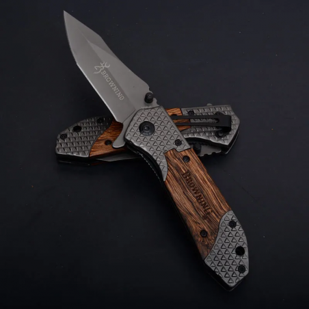 Couteau Massif "BROWNING" Lame Acier 8,5 cm Manche Acier/Bois Gravé 12 cm Outdoor