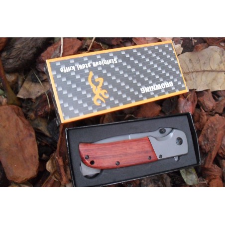 Couteau Massif "BROWNING" Lame Acier 10 cm Manche Bois 12,5 cm Outdoor