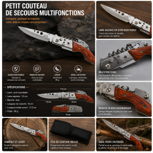 Petit Couteau De Secours Multifonctions Lame Acier 7,5 Cm Manche Bois 10 Cm Outdoor